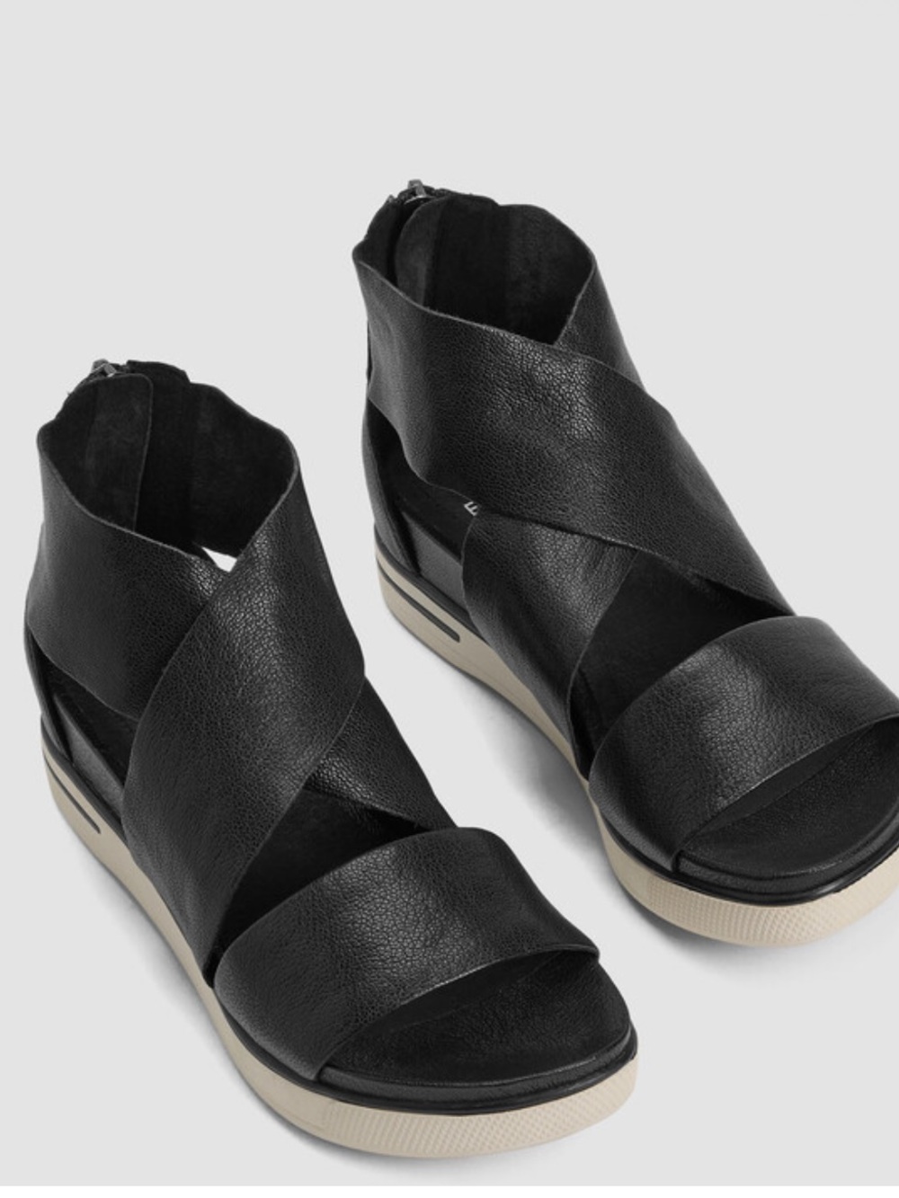 Eileen Fisher Black Cross-Strap Wedge Sandals with Cream Sole